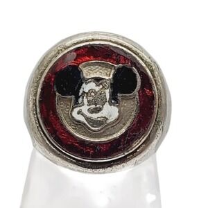 Disney Mickey Mouse Ring Silver Tone Red Enamel Vintage Adjustable Collectible